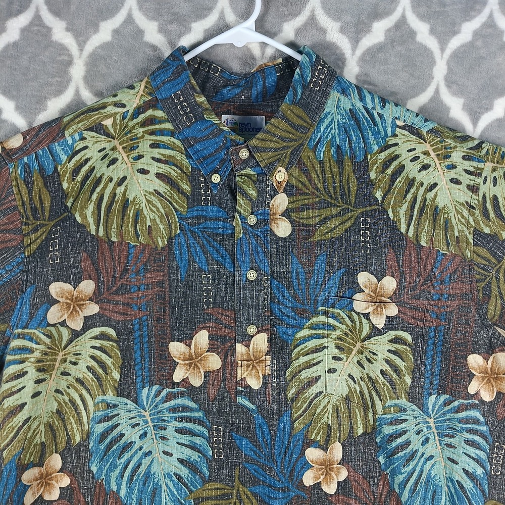 Reyn Spooner Hawaiian Popover Shirt Men XXL Brown Blue Plumeria Leaf Aloha